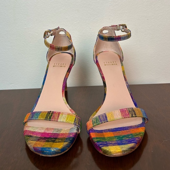 STUART WEITZMAN Metallic Rainbow Plaid Leather Ankle Strap Nunaked Sandals Heel - Picture 2 of 11